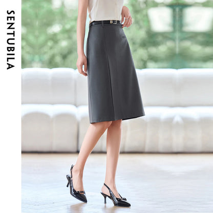 Damen Rock in Grau mit hohen Taille und Falten im Büro-Stil