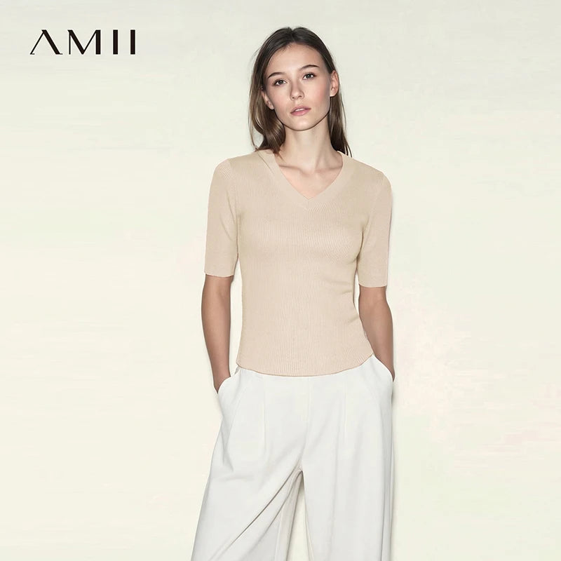 Damen V-Ausschnitt Pullover Viskose Halbarm Slim Büro Sommer
