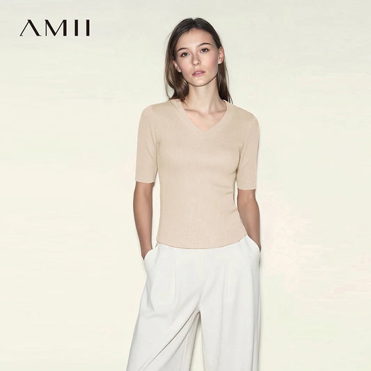 Damen V-Ausschnitt Pullover Viskose Halbarm Slim Büro Sommer