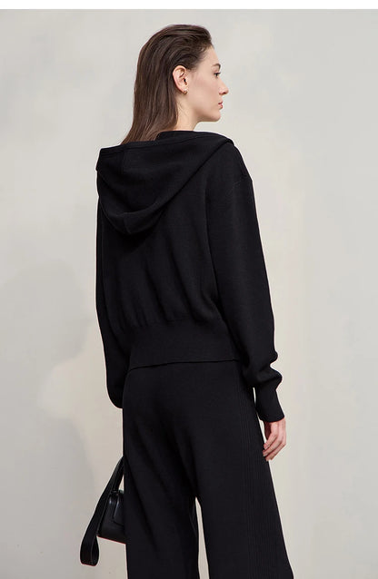 Damen-Strickjacke Kapuze Reißverschluss locker 2-teilig Set Herbst