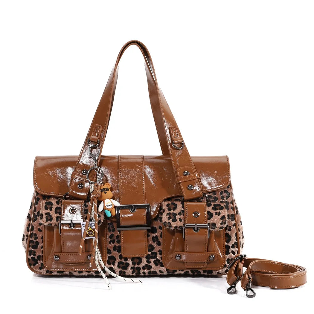 Damen-Umhängetasche aus Kunstleder Leoparddruck Bronze Crossbody-Tasche mit großem Fassungsvermögen