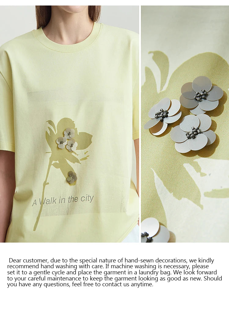 Damen T-Shirt mit minimalistischem O-Ausschnitt und Pailletten-Verzierung