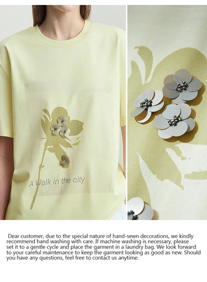 Damen T-Shirt mit minimalistischem O-Ausschnitt und Pailletten-Verzierung