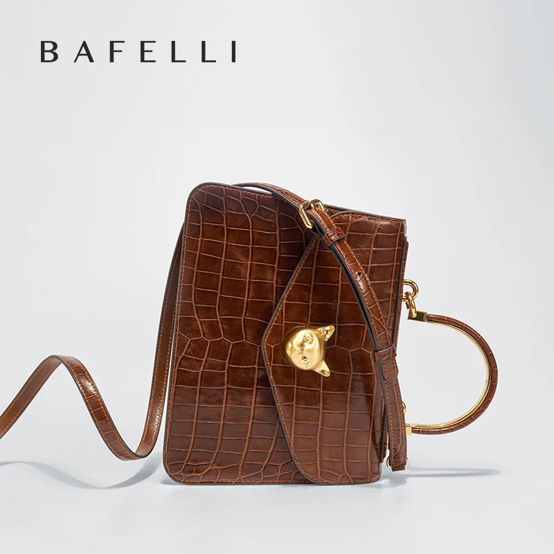 Business-Ledertasche mit Kroko-Optik, braun, mit Klappdeckel und goldener Schloss-Optik