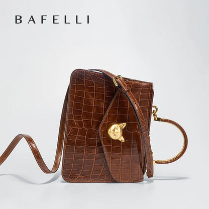 Business-Ledertasche mit Kroko-Optik, braun, mit Klappdeckel und goldener Schloss-Optik