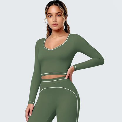 Damen Yoga-Langarmshirt, moosgrün mit V-Ausschnitt, schmalen Bündchen und Nahtlinien
