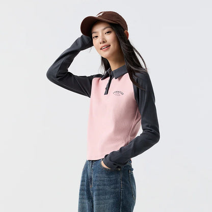 Semir Poloshirt für Damen, kurzer Stil, schmal, farbblockiert, Raglanärmel, 2024, Frühjahr, neues Oberteil mit Buchstabendruck