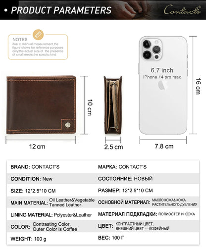 Herren Echtleder Kurzgeldbörse Vintage Kartenhalter Reißverschluss Münzfach Geldclip