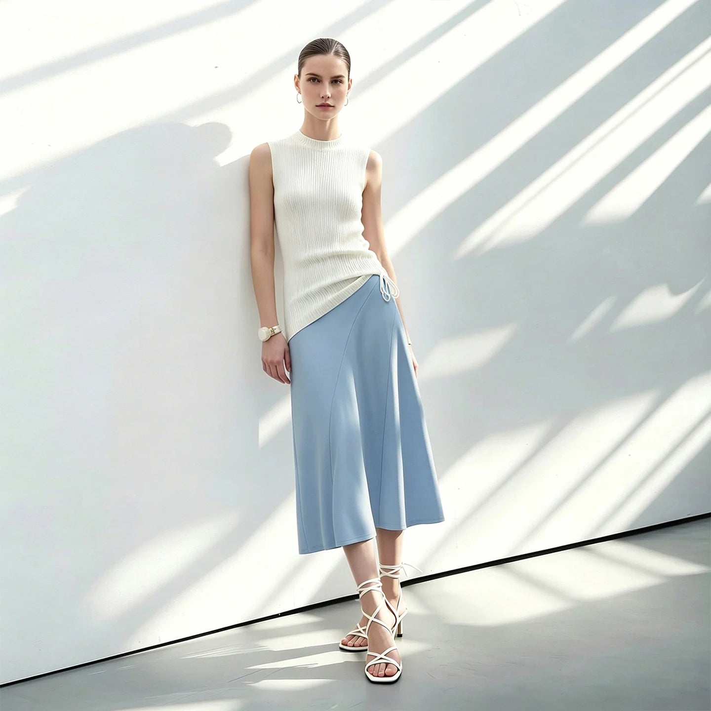 Damen-Midi-Rock Hellblau, A-Linie, hohe Taille und fließender Midi-Saum