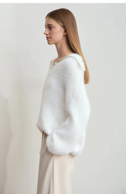 Damen-Rollkragenpullover Nerz-Imitat Reißverschluss locker dick Winter