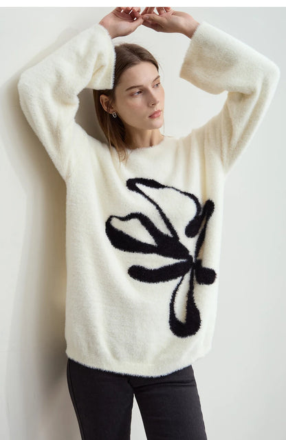 Damen-Pullover wollweiß mit schwarzem Jacquard-Motiv, Rundhalsausschnitt