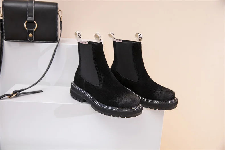 Women Winter Boots Sued Genuine Leather  New Fashion British Style Women Chelsea Boots Large Size 41　42　43 Female Ankle Boots