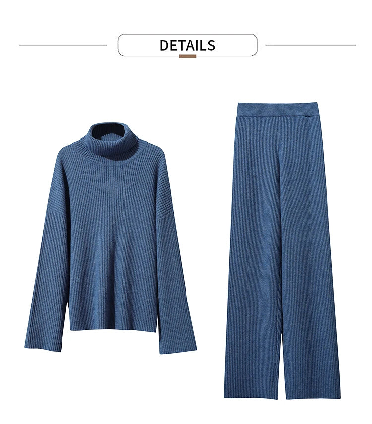 Blauer Rollkragenpullover und weite Hose im Set, Rippstrick, langarm