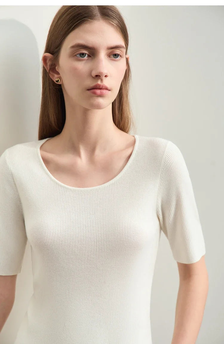 Damen-Rundhalspullover Wolle-Seide Aushöhlung Slim Kurzarm Pendler Sommer