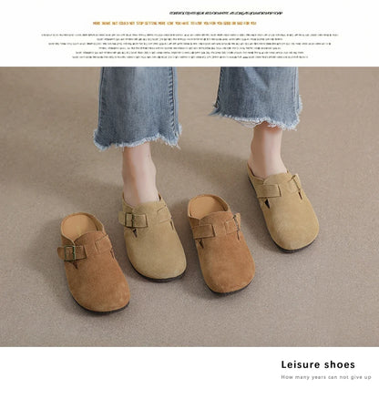 AIYUQI Hausschuhe Frauen Echt Leder 2025, Neue Große Größe 41 42 43 Frauen Sommer Schuhe Retro Oberbekleidung Flache Faule halbe Hausschuhe Frauen