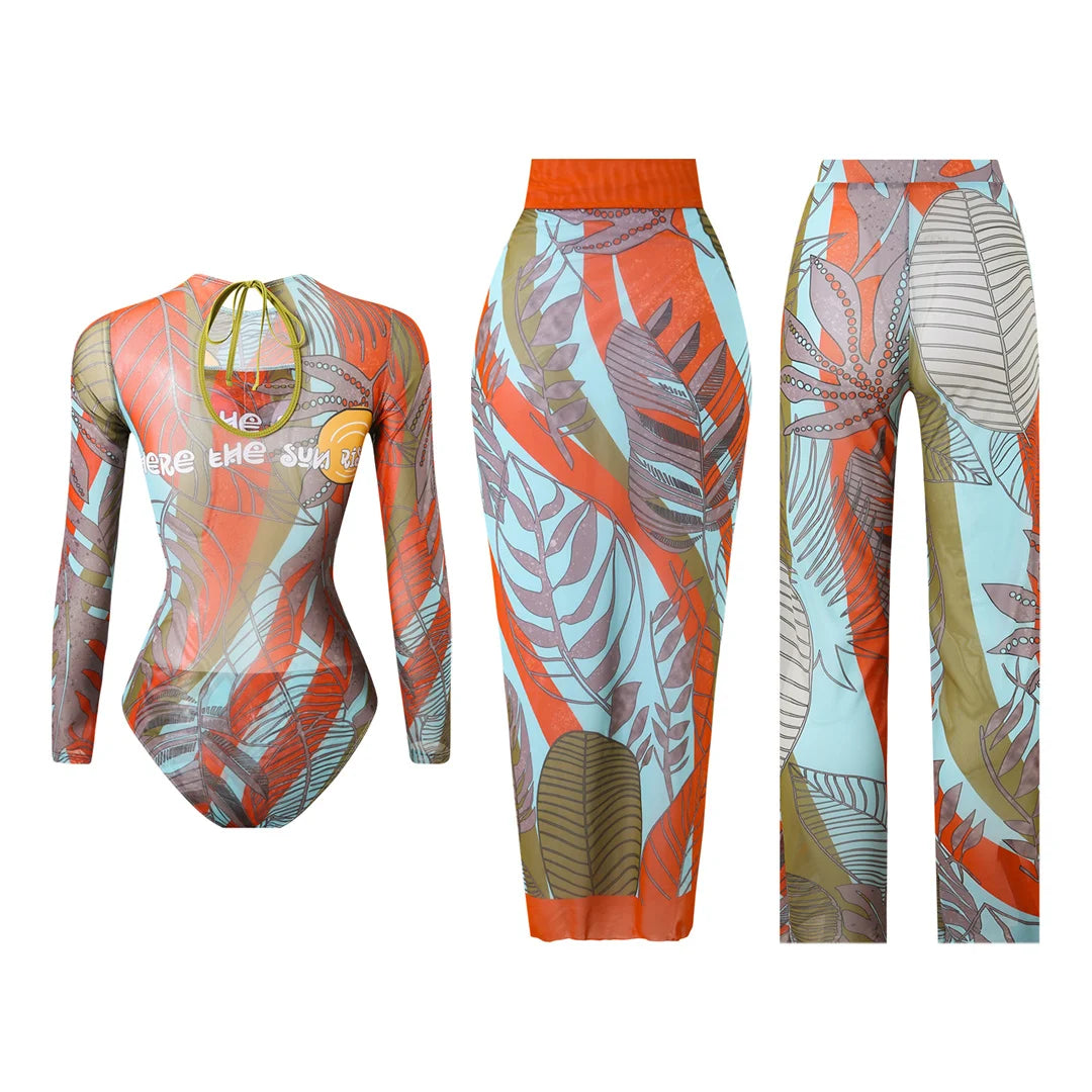 Damen-Badeanzug 3-teilig Print Langarm Sarong-Set gepolstert
