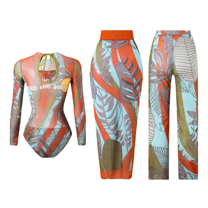 Damen-Badeanzug 3-teilig Print Langarm Sarong-Set gepolstert