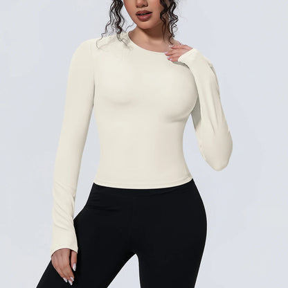 Yogashirt mit langen Ärmeln, helles cremeweiß, eng anliegender Schnitt