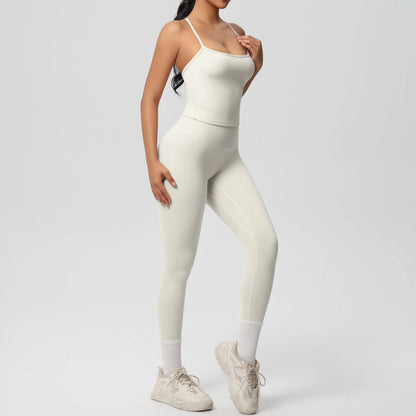 Yoga-Set mit Tanktop und Leggings, hellbeige, schmale Träger, Knöchelsaum