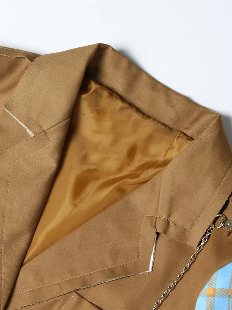 Patchwork-Blazer für Damen mit Knopfleiste, Notch-Kragen und langen Ärmeln – Designer-Mantel mit Hohldesign und Taschen.