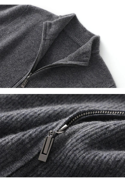 Stehkragen Reißverschluss Strickjacke Pullover Herrenmantel Business Casual Herbst Winter neue reine Wolle Strickjacke Männer Doppeltaschen