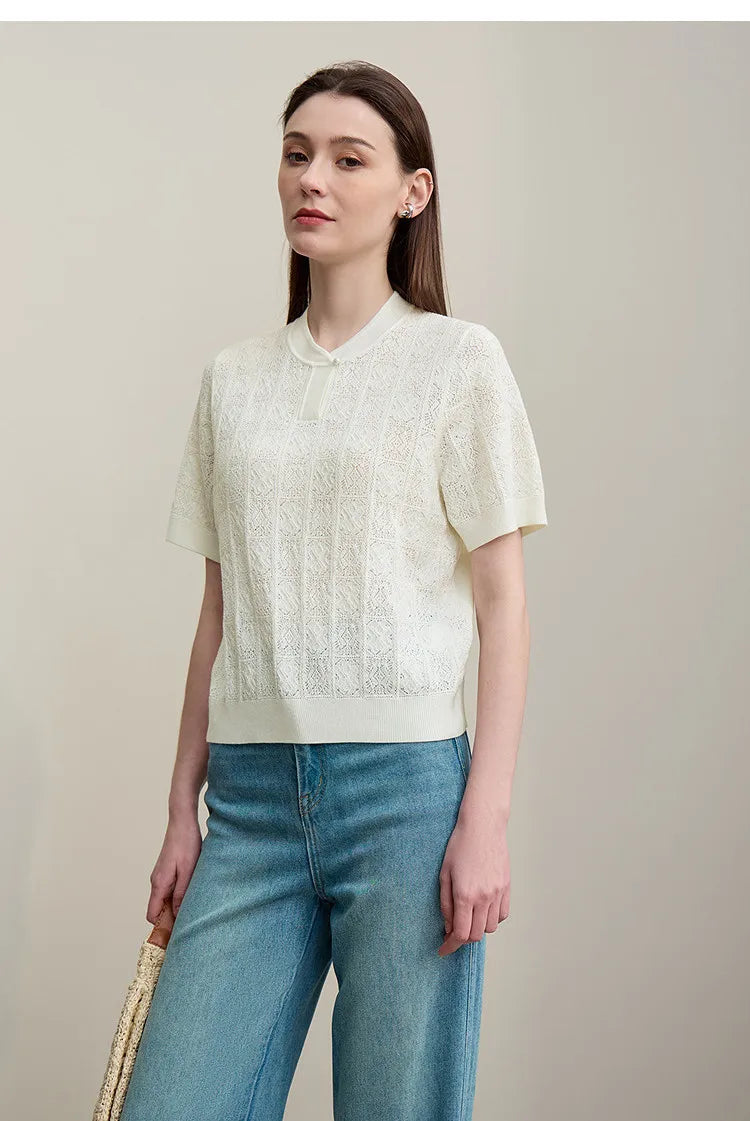 Damenpullover mit Stehkragen, Kurzarm und Knopfleiste, off-white, 3/4-Ansicht