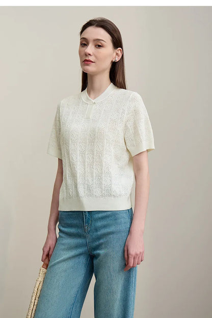 Damenpullover mit Stehkragen, Kurzarm und Knopfleiste, off-white, 3/4-Ansicht