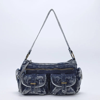 Damen-Handtasche Denim-Optik mit Top-Handle Reißverschluss und Innenfächer Alltagsbedarf