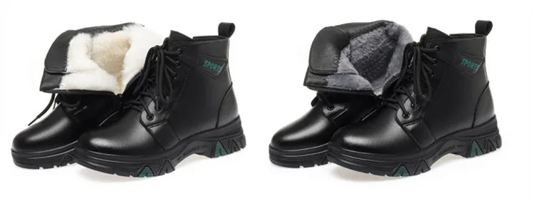 Schwarzer Winterstiefel im Paarvergleich: mit hellem Wollrand und mit grauem Wollrand