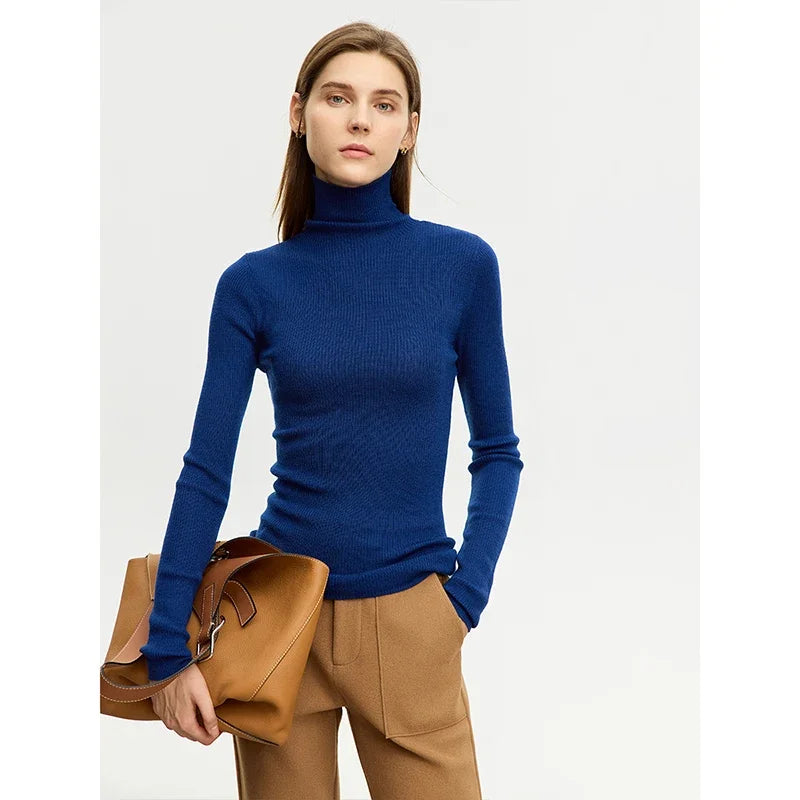 Damen-Rollkragenpullover 100 % Wolle Slim Fit elastisch Winter