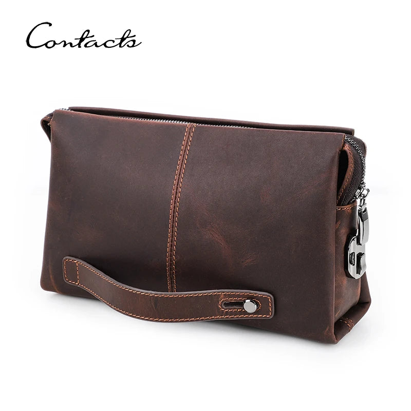 Braune Leder-Clutch für Herren mit Reißverschluss und Ziernaht