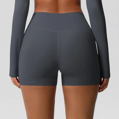Damen-Sportshorts mit hoher Taille, dunkelgrau, Rückenansicht, kurz und figurbetont
