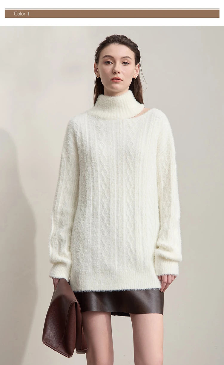 Damen-Rollkragenpullover Hohlstrick Viskose locker lang Raglan Herbst