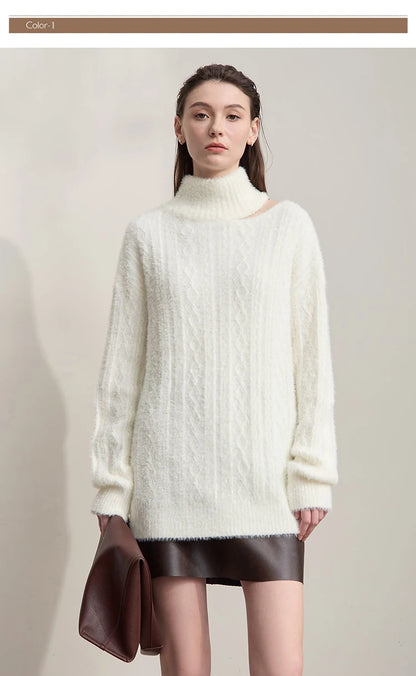 Damen-Rollkragenpullover Hohlstrick Viskose locker lang Raglan Herbst