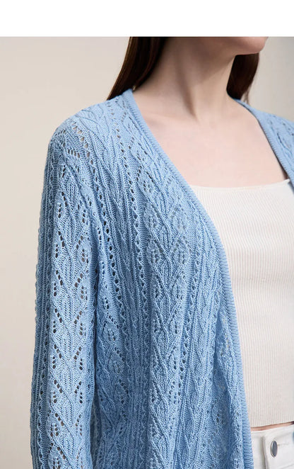 Damen-Strickjacke V-Ausschnitt Wolle Hohlstrick locker Langarm Frühling