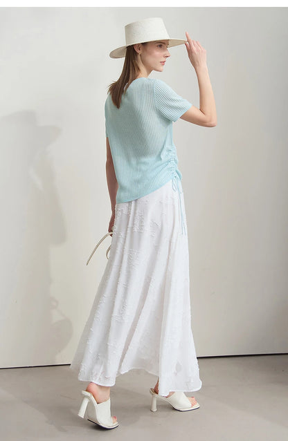 AMII Damen-Pullover kurzarm, Rundhals, hellblauer Rippenstrick mit Kordelzug am Saum