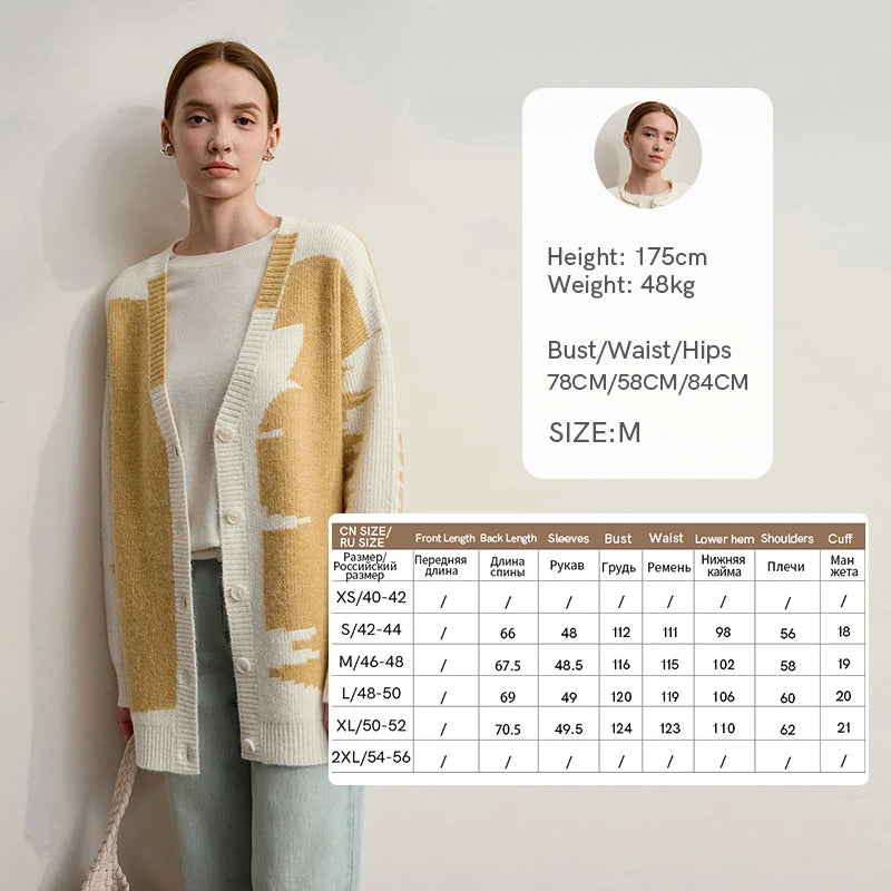 Damen V-Ausschnitt Cardigan lang Patchwork Wolle-Mix Winter
