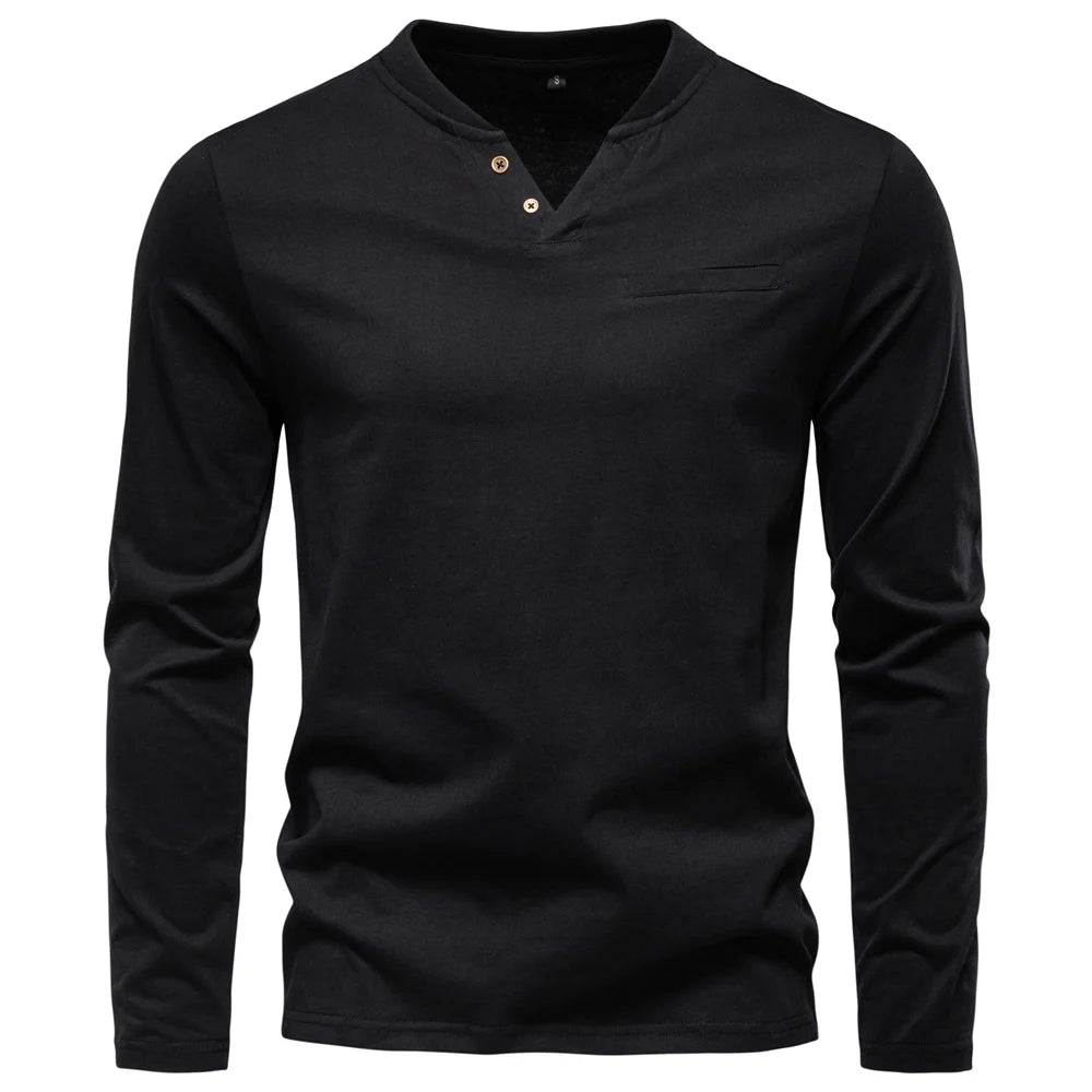 Herren-Langarmshirt mit V-Ausschnitt, schwarz, Knopfleiste und Brusttasche