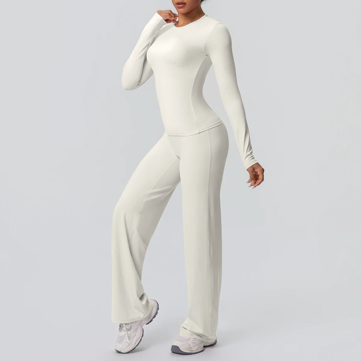 Damen-Yoga-Set aus Langarm-Top und Leggings, helles Creme