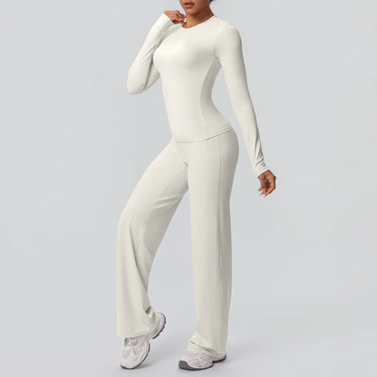 Damen-Yoga-Set aus Langarm-Top und Leggings, helles Creme