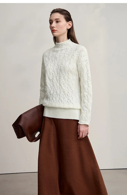 Damen-Strickpullover mit Stehkragen, langarm, hell cremefarben, grob gezopftem Muster