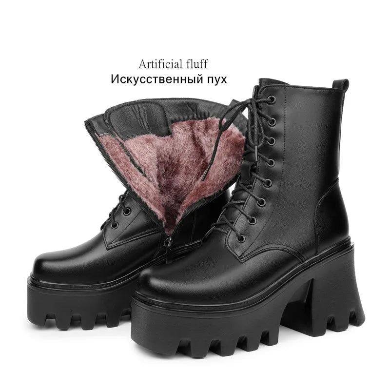 Schwarze Damen-Winterstiefel, Schnürung, gefütterter Schaft mit Kunstfell-Imitat innen