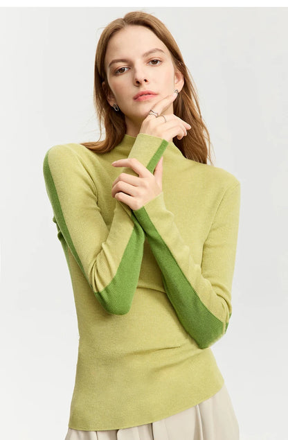 Damen-Halbrollkragen-Pullover Slim Patchwork Wolle-Mix Herbst-Winter