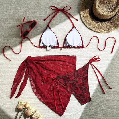 Dreiteiliger Damen-Bikini mit sexy Print und hoher Taille – ideal für Strand und Pool.