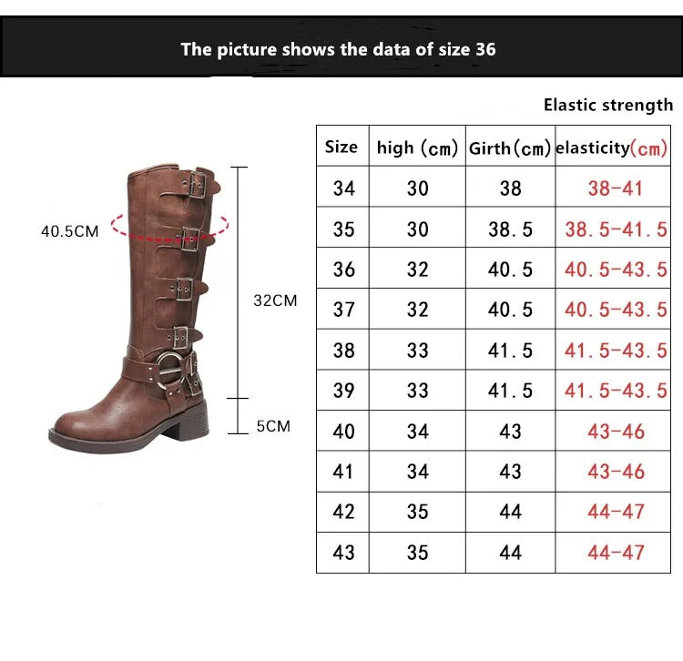 Braune Stiefel mit Schnallenriemen und Blockabsatz, kniehoch