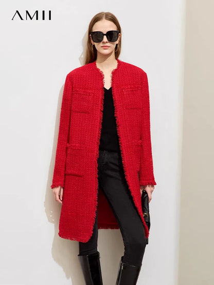 Damen Winter Mantel aus Tweed mit losem Schnitt und Rundhalsausschnitt
