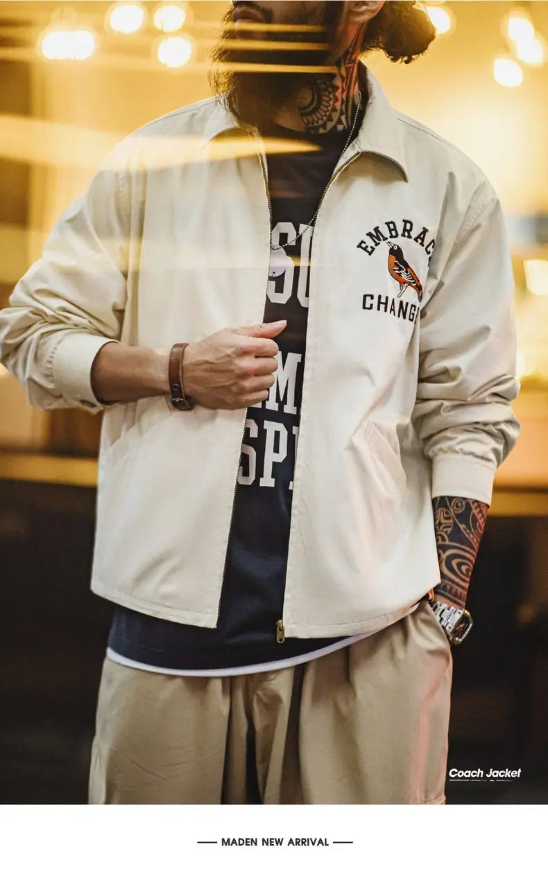 Herren Vintage-gestickte Coach-Jacke im lässigen Stil mit Reißverschluss