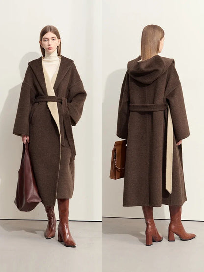 Damen Farbkontrast Wollmantel mit Kapuze und Tropfenärmeln für den Winter