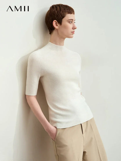 Damenpullover mit halbem Rollkragen, kurzarm, offwhite Feinstrick