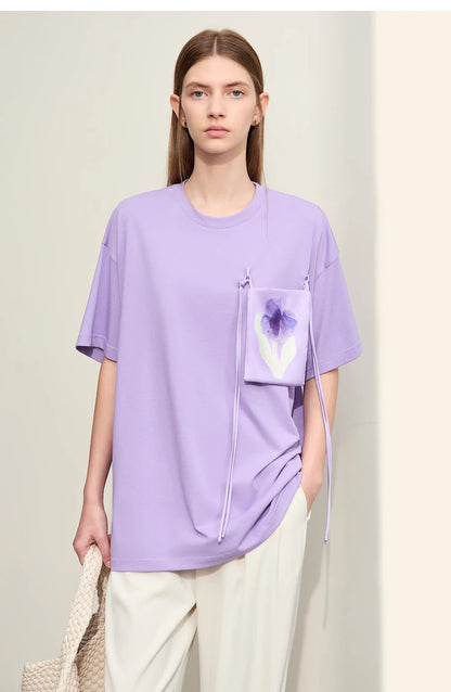 Damen T-Shirt im Minimalismus-Stil mit Taschen und elastischem O-Neck